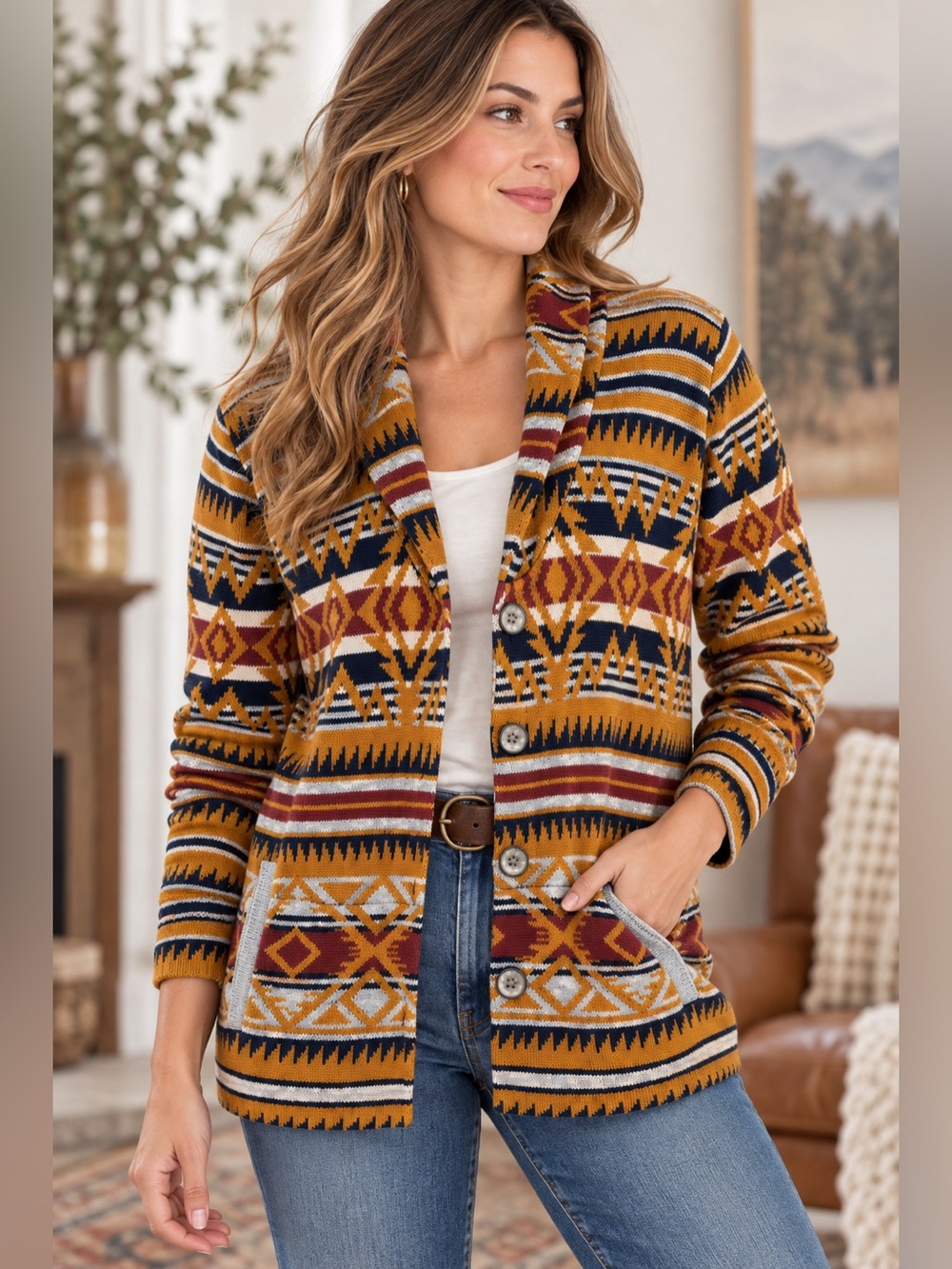 American Rag 100% Cotton Cardigan L Southwestern Aztec Fair Isle Boho Cabincore